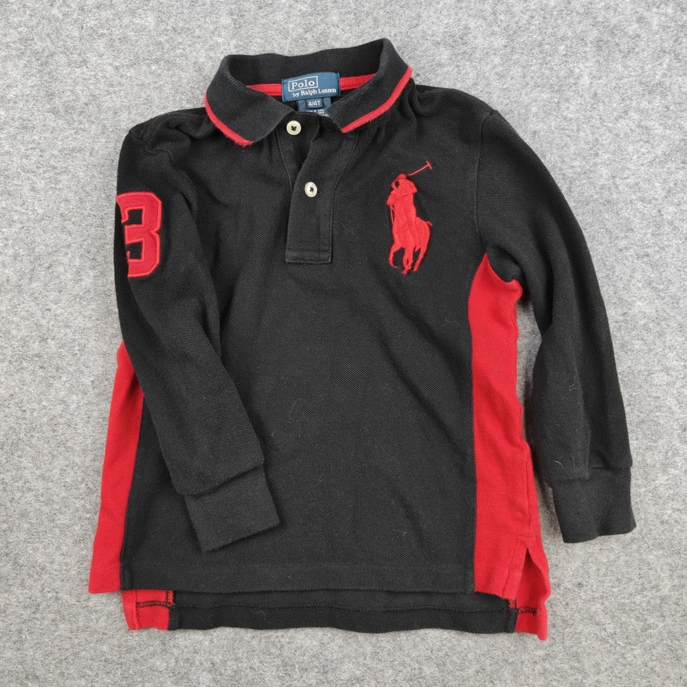 Kids 4T Polo Ralph Lauren Big Pony #3 Black Red Long Sleeve Polo Shirt Preppy